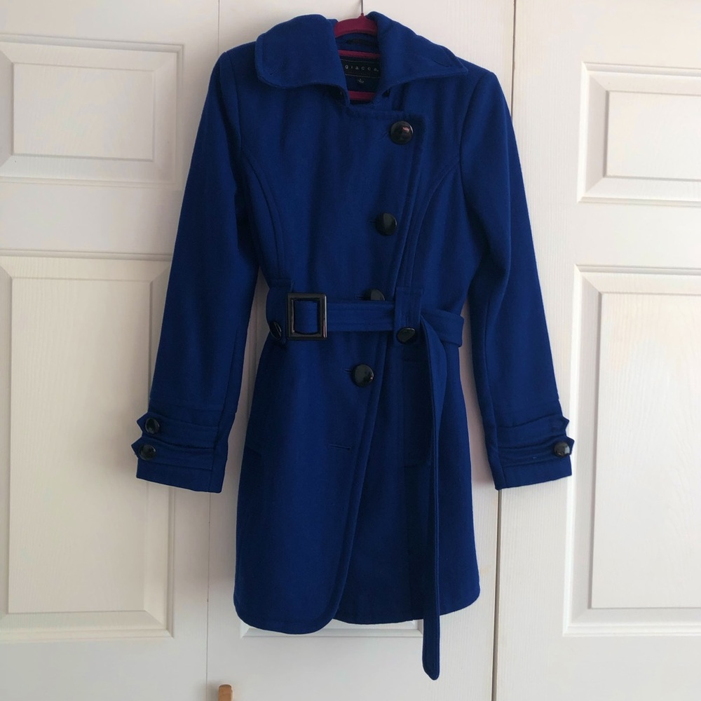 Diagonal closure royal blue belted wool jacket